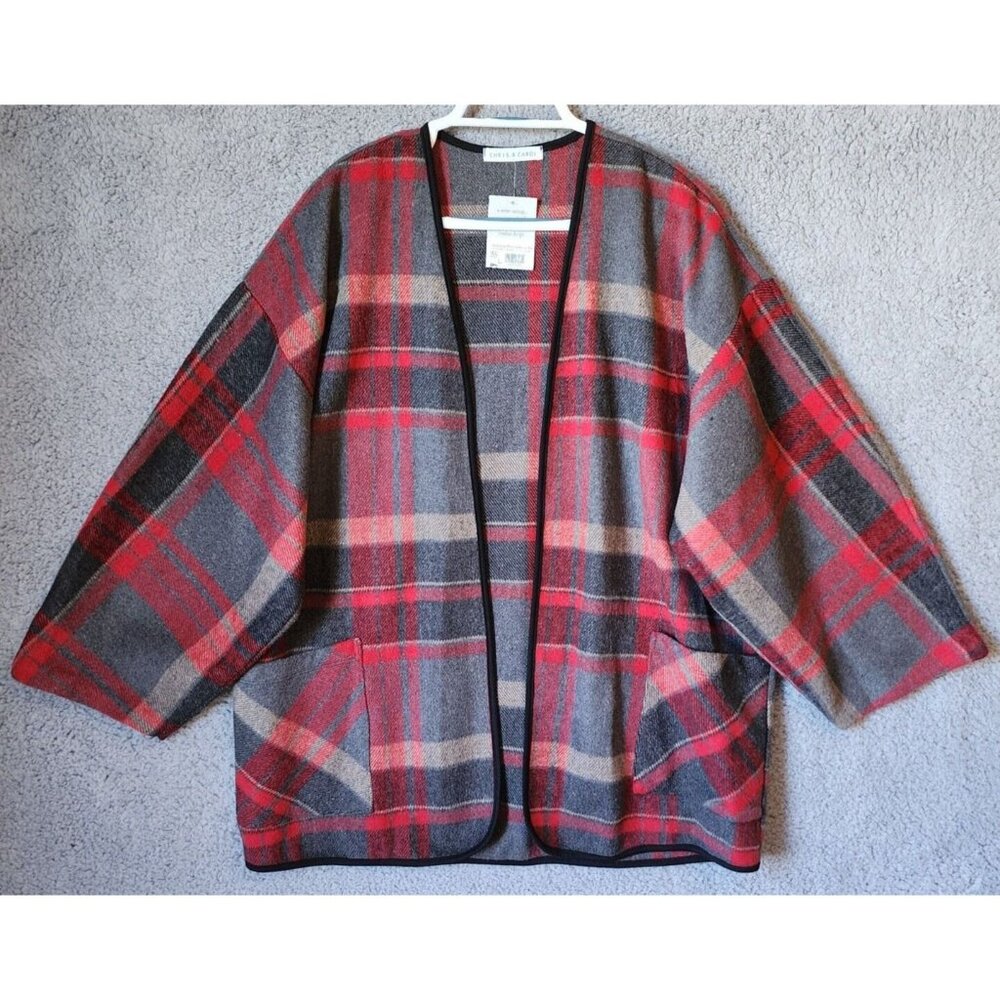 NEW Chris & Carol Long Sleeve Oversized Open Front Sweater Plaid Red/Gray Size L